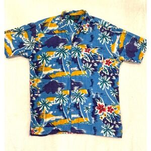 READ damaged Roundy Bay Mens Large Blue Tropical Cotton Hawaiian Shirt or fabric